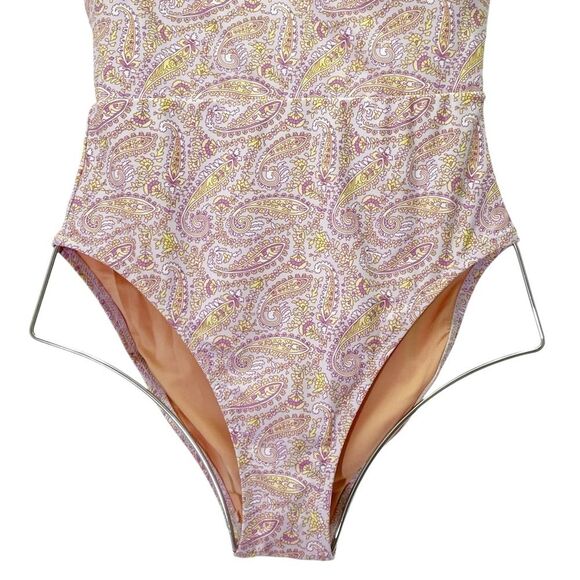 J. Crew Eco Plunge V-Neck One Piece Swimsuit Pink Beach Paisley Size 6 Tie Back - Picture 9 of 15